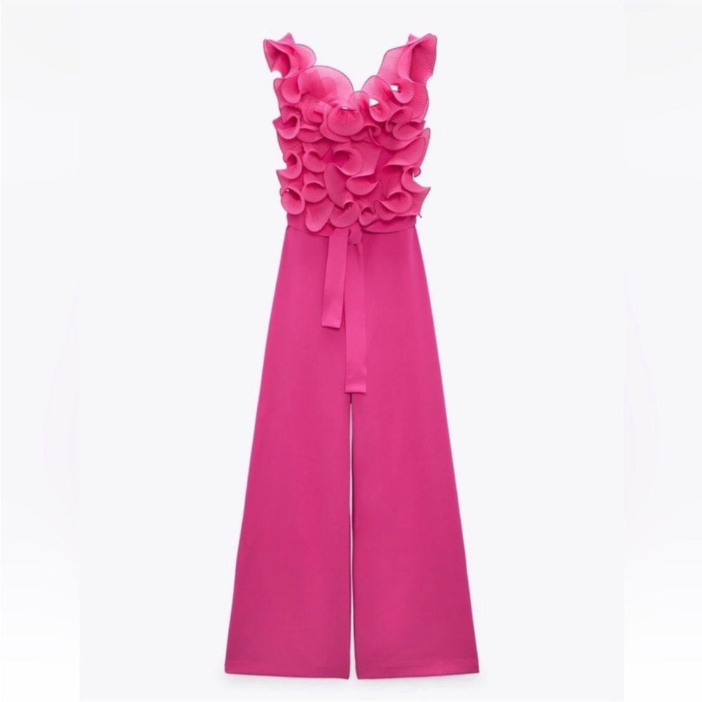 NWT! ZARA WIDE-LEG JUMPSUIT WITH RUFFLES in FUCHSIA - Size L - Picture 4 of 8